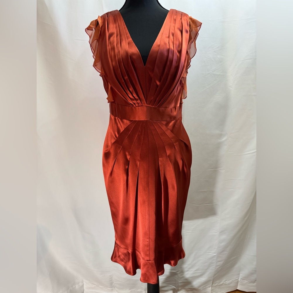 A.B.S. Allen Schwartz Copper Satin Pleated Cocktail Dress Size 6 Wedding Formal - Picture 3 of 13